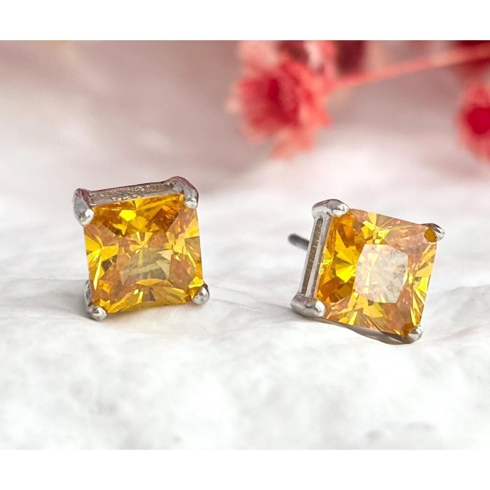 Citrine Gemstone Square Minimalist Vintage Sterling Silver 925 Stud Earrings
